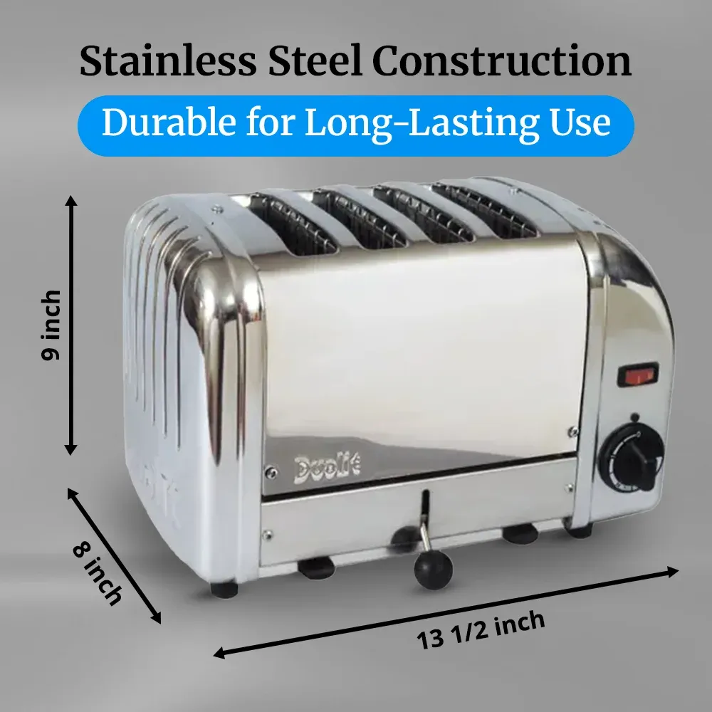 Cadco four-slice metallic toaster for commercial use with compact stainless body, modern finish, high-speed slots, ideal for buffet and catering.