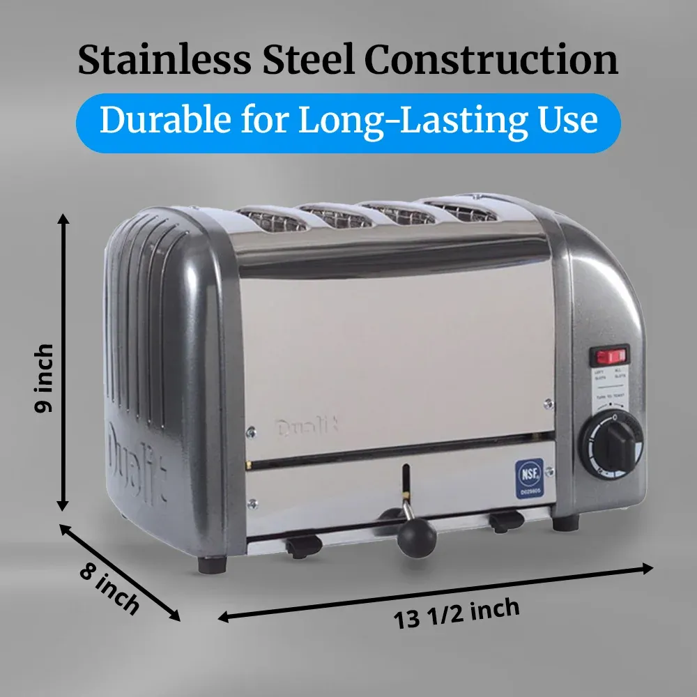 Cadco four-slice metallic gray toaster with aluminum ends, compact commercial design, fast-heating slots, perfect for buffet and catering service.