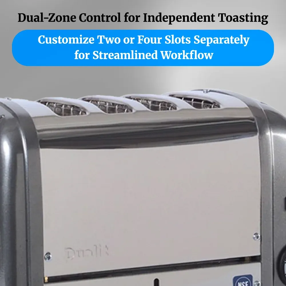 Cadco four-slice metallic gray toaster with aluminum ends, compact commercial design, fast-heating slots, perfect for buffet and catering service.