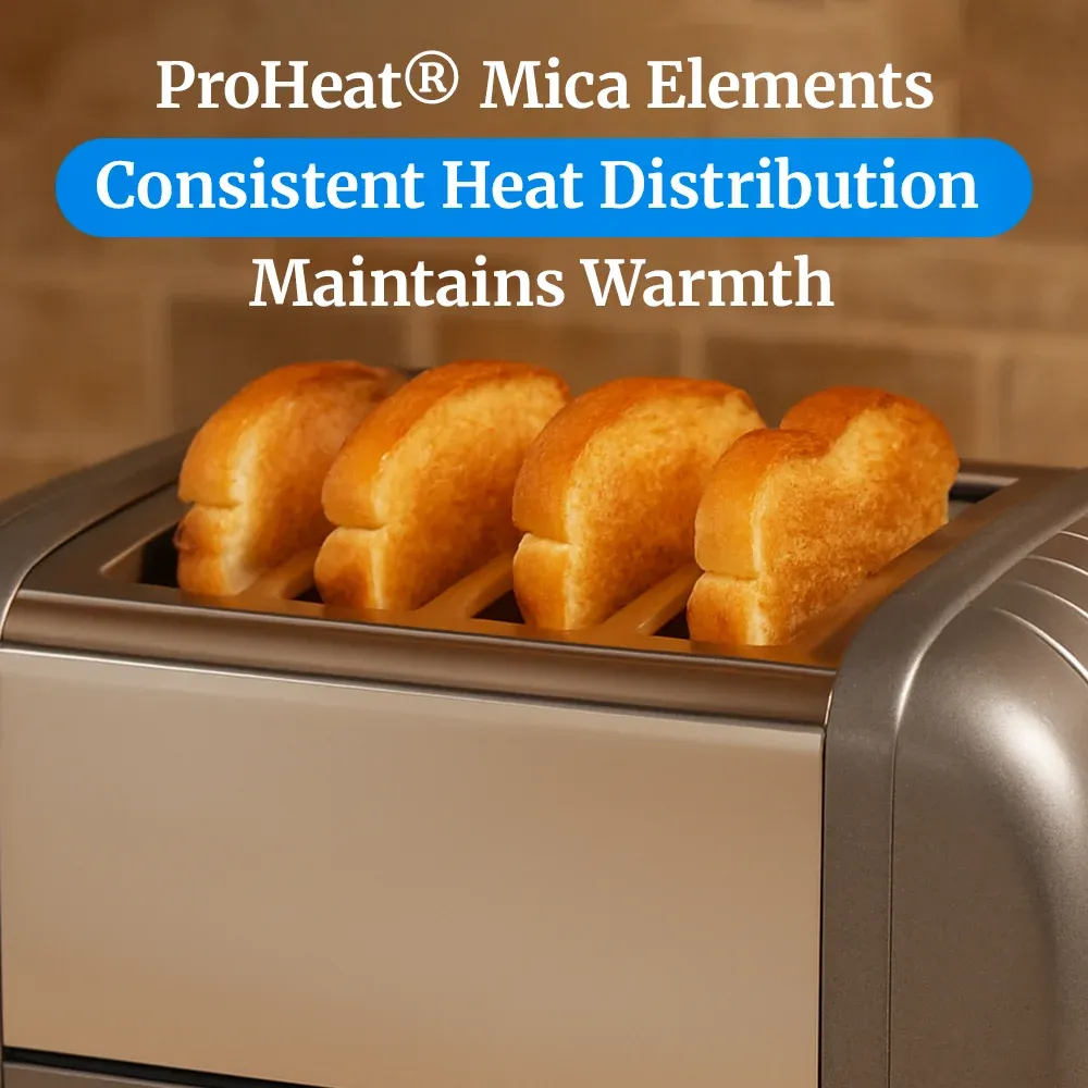 Cadco four-slice metallic gray toaster with aluminum ends, compact commercial design, fast-heating slots, perfect for buffet and catering service.