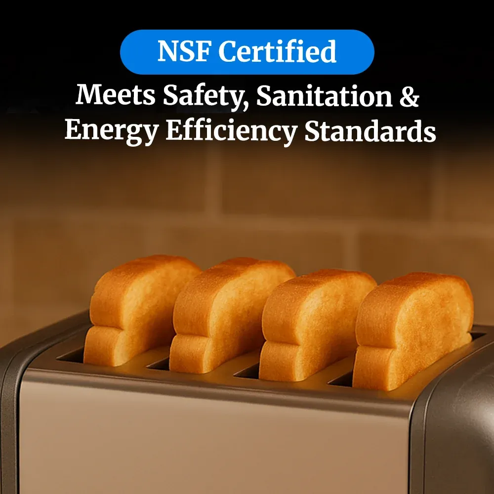 Cadco four-slice metallic gray toaster with aluminum ends, compact commercial design, fast-heating slots, perfect for buffet and catering service.