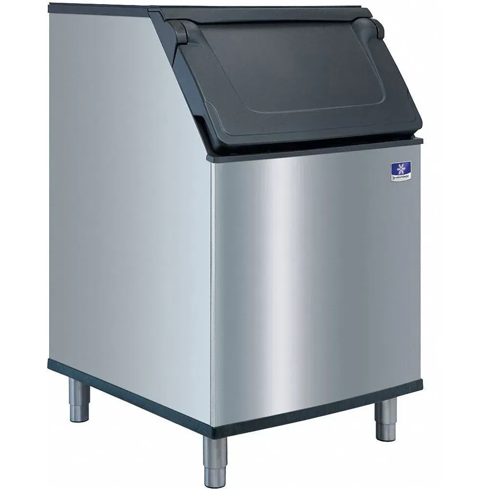 Manitowoc stainless steel ice storage bin with compact size and mid-range capacity, designed to fit commercial kitchen spaces with ice storage needs.