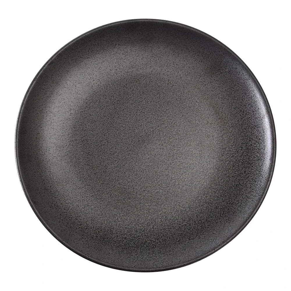 Large, round coupe plate from Yanco China with a sophisticated matte black finish, offering a dramatic and textured canvas for upscale food.