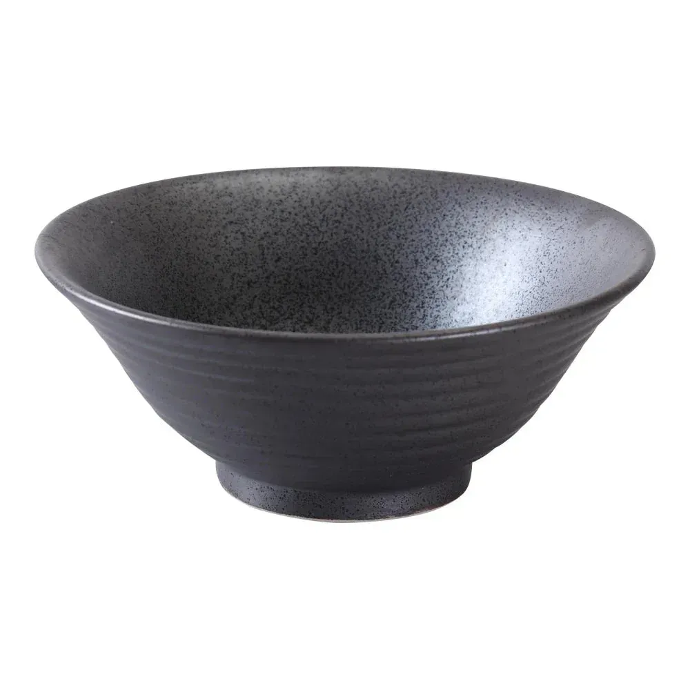 Matte black round ramen bowl by Yanco China, deep profile, perfect for hearty broth and noodles, chip-resistant for bustling Asian restaurants.