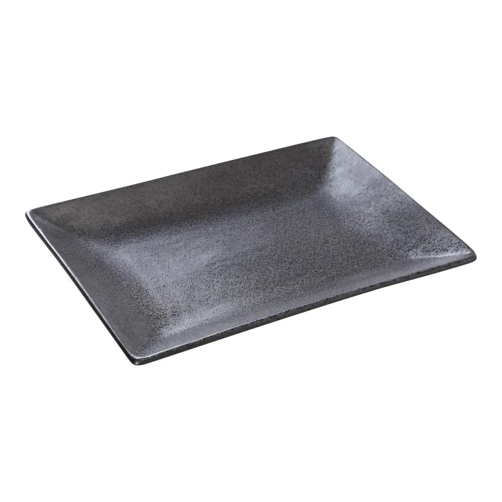 Dark bronze rectangular plate by Yanco China, muted matte glaze, perfect for entrees or shared plates, durable for modern restaurants.