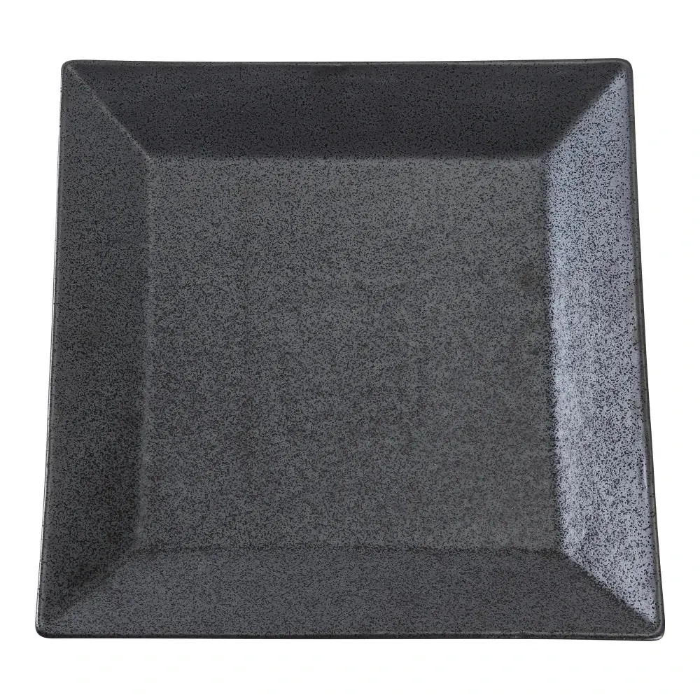 Matte black square plate by Yanco China, clean contemporary edges, great for chic entrees or shared plates, durable for high-volume dining.