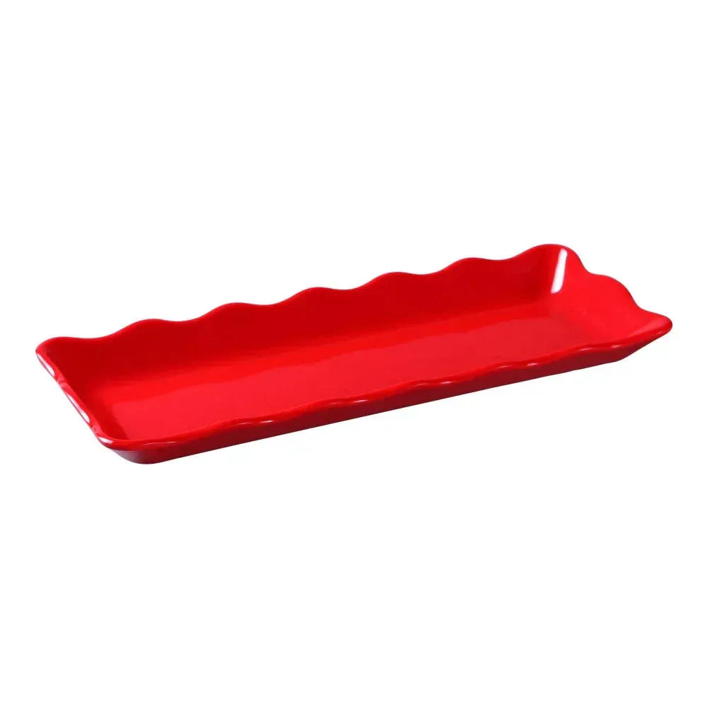 Yanco Red melamine rectangular serving tray with scallop edge, lightweight yet durable for buffets, catered events, and frequent commercial use.