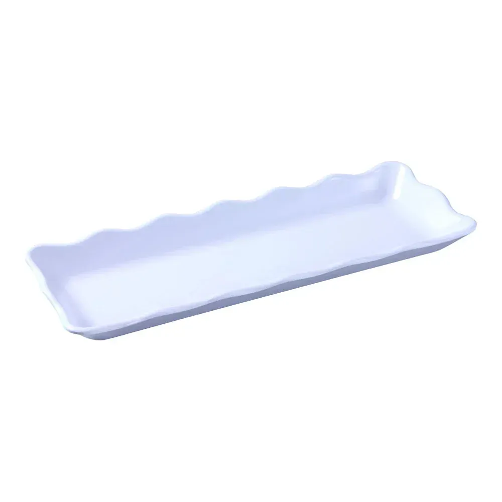 White melamine rectangular serving tray with scallop edge by Yanco China, ideal for hotel and restaurant catering, café buffet display, and events.