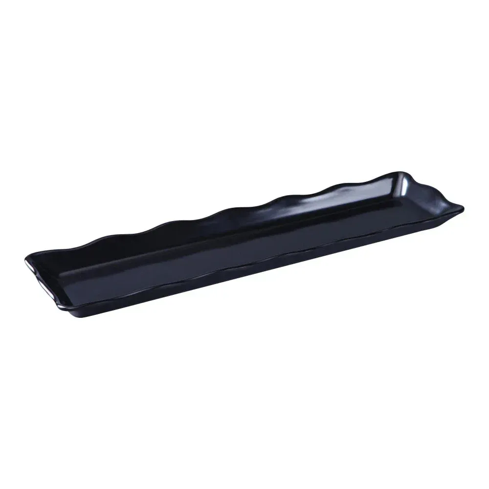 Yanco Black melamine rectangular serving tray with scallop edge, elegant for hotel and restaurant catering, café buffet display, event presentation.