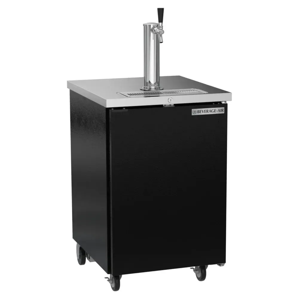 Compact black beer dispenser with single tap by Beverage-Air fits one half-barrel keg, ideal for countertop use in small commercial setups.