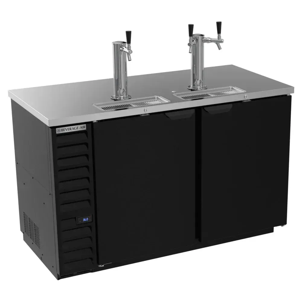 Beverage-Air black kegerator with single and double tap configuration, holds three half-barrel kegs for efficient beer dispensing.