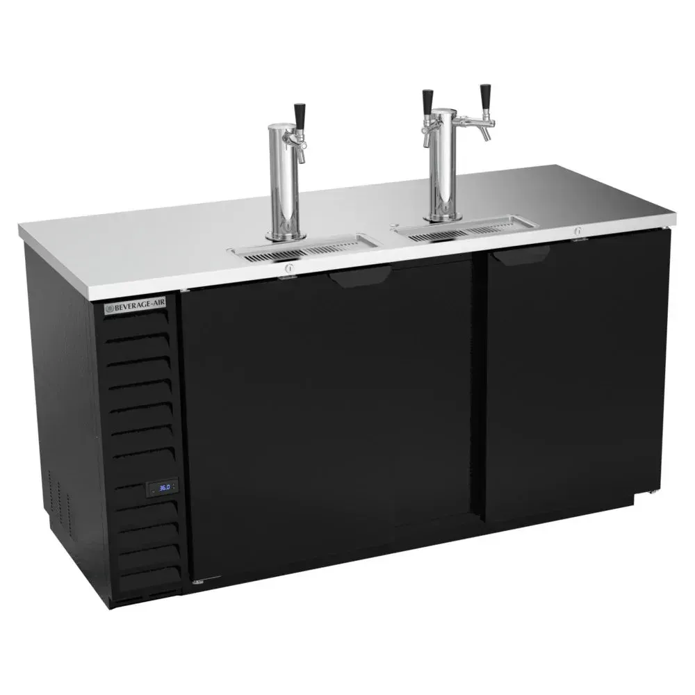 Beverage-Air black kegerator with single and double tap combo, holds three half-barrel kegs, ideal for versatile beer service.