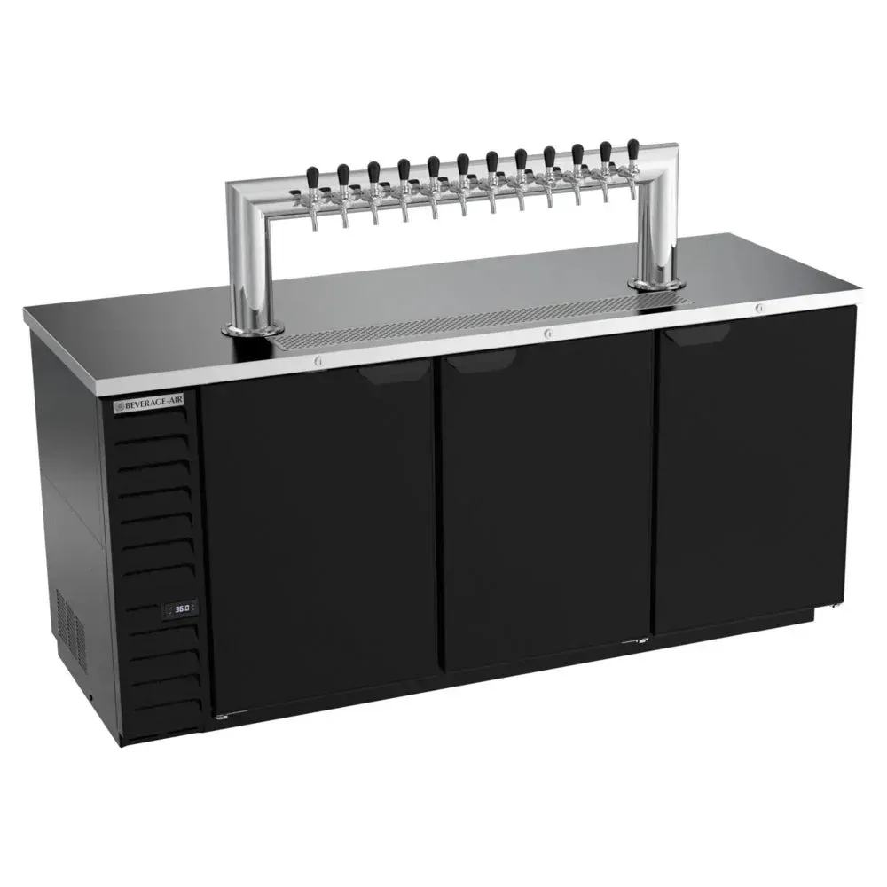 Beverage-Air twelve-tap kegerator with right-side compressor, black finish, holds four half-barrel kegs, ideal for busy bar service.