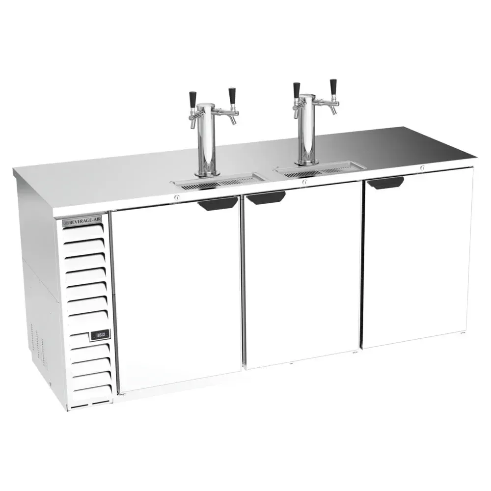 Beverage-Air double-tap beer dispenser with stainless steel exterior, holds four half-barrel kegs, great for bars and restaurants.
