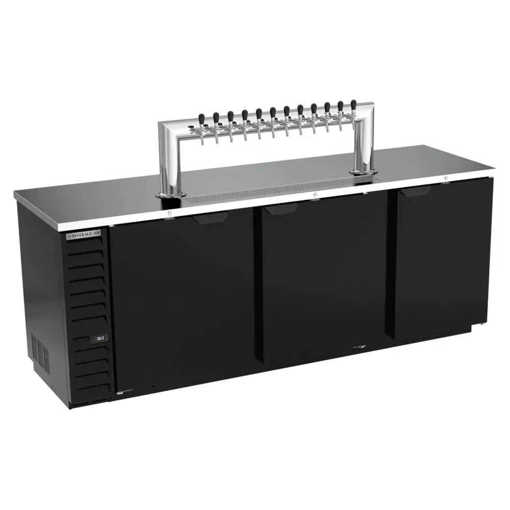 Beverage-Air twelve-tap kegerator with black finish, holds twelve sixth-barrel kegs, designed for high-capacity beer service in busy bars.