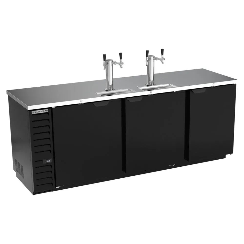 Beverage-Air black beer dispenser with two taps, holds five half-barrel kegs, built for bars and hospitality venues needing draft service.