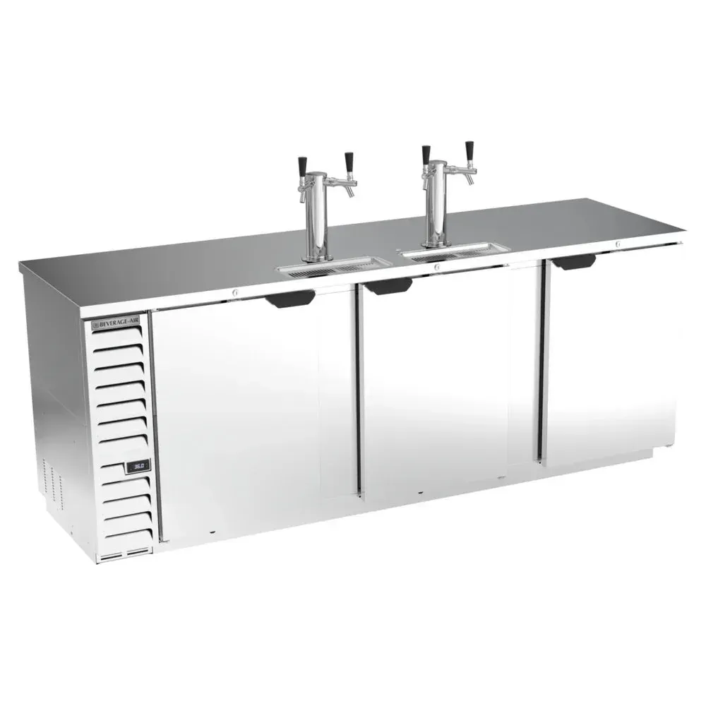Beverage-Air double-tap kegerator with stainless front, holds five half-barrel kegs, perfect for fast and efficient commercial beer service.