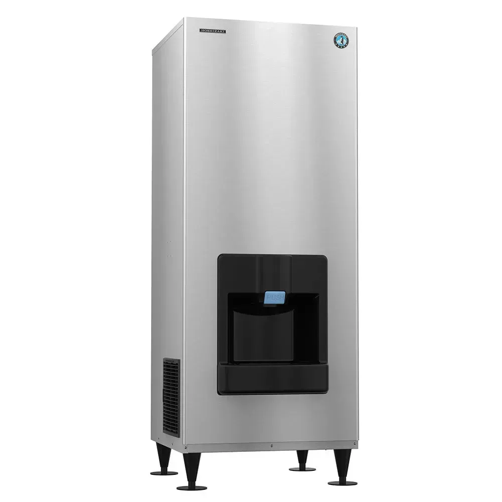 Floor crescent ice dispenser from Hoshizaki America makes five hundred forty five pounds daily, an ideal unit for hotel hallway or guest use.