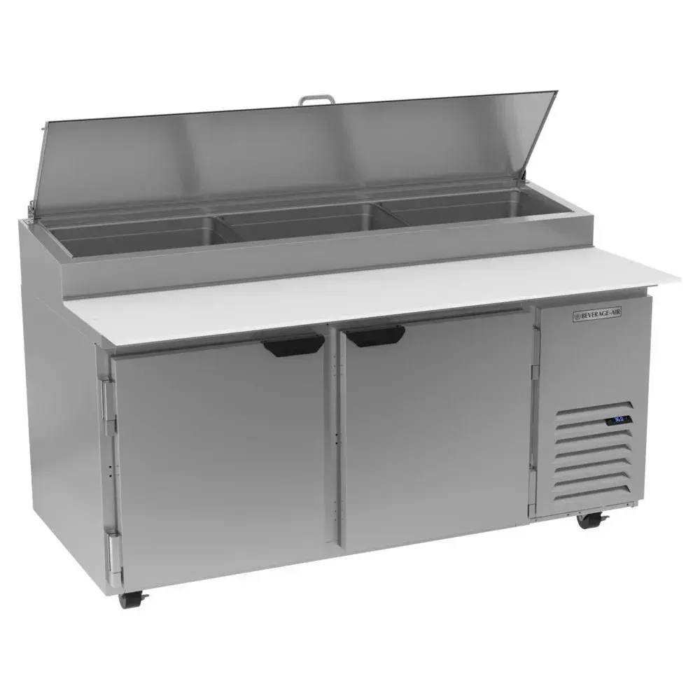 Beverage-Air pizza prep table with two doors, cold base, and topping rail, ideal for pizza shops with moderate prep and storage needs.
