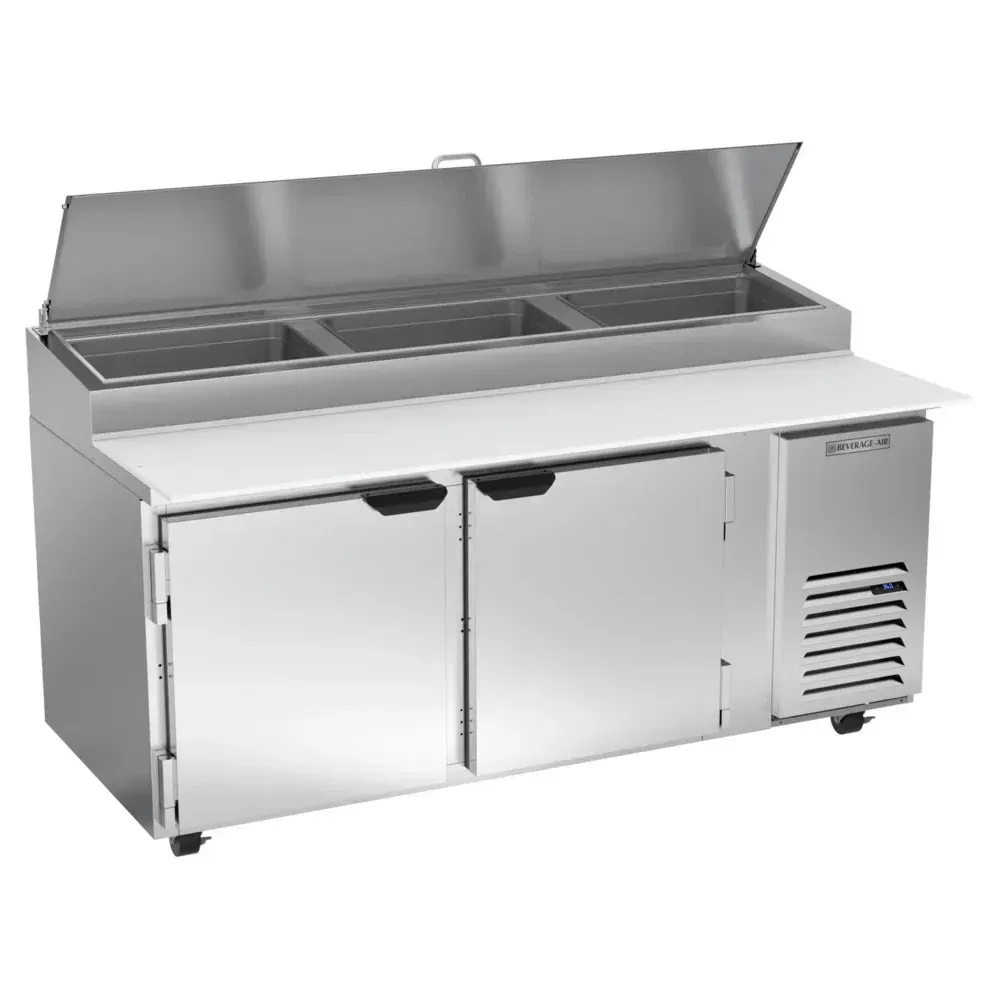 Two door refrigerated pizza prep table by Beverage-Air with deep base and topping rail, designed for improved productivity in busy kitchens.