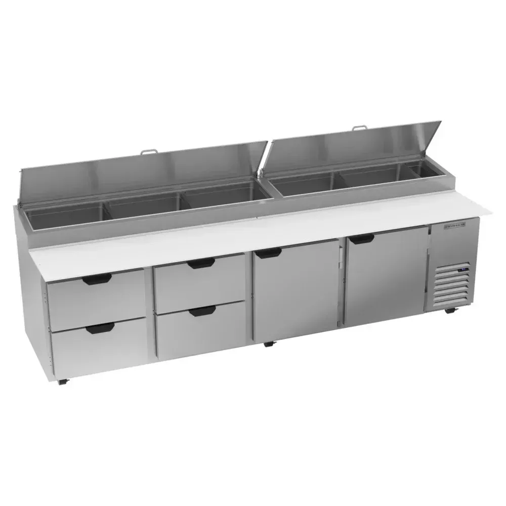 Pizza prep table from Beverage-Air with two doors and four drawers, designed for efficient organization and cold storage in large prep areas.