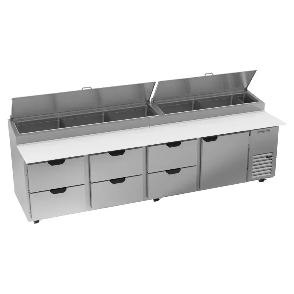 Pizza prep table by Beverage-Air with one door and six drawers, providing flexible cold storage solutions for high-volume restaurant kitchens.