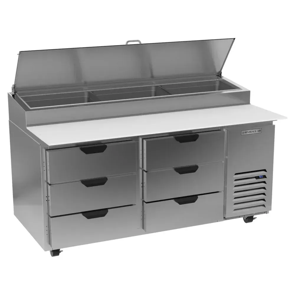Pizza prep table from Beverage-Air with six stainless drawers, hydrocarbon cooling, and wide workspace for organized commercial food prep.
