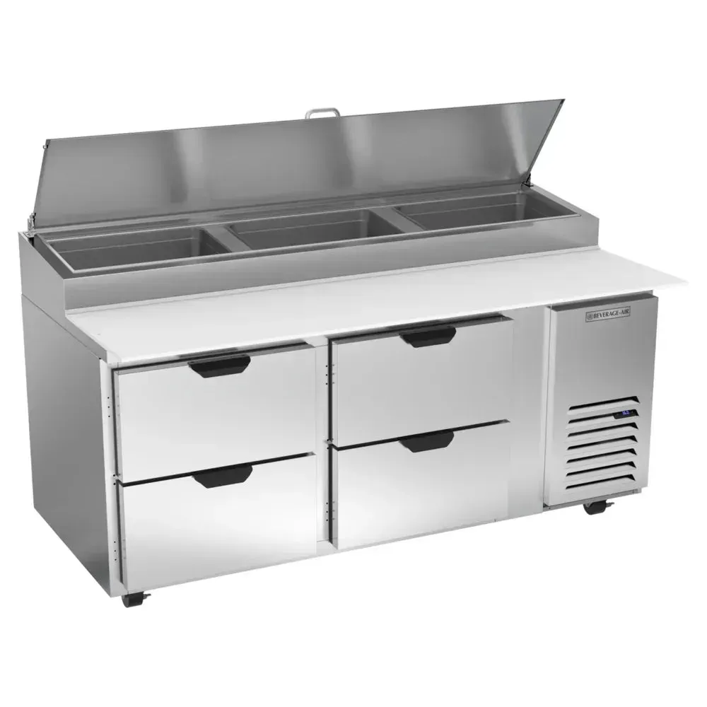 Pizza prep table by Beverage-Air with four drawers and durable stainless build, ideal for energy-efficient use in busy restaurant kitchens.