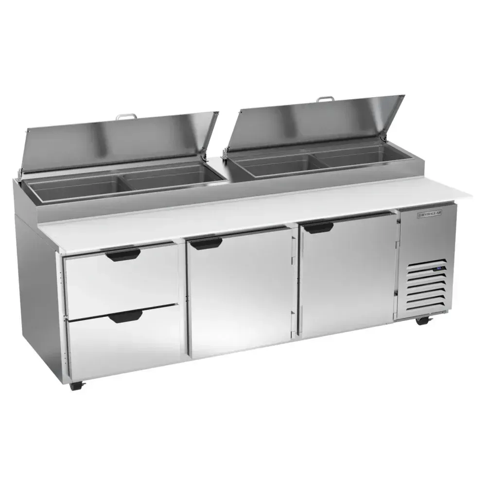 Commercial prep table by Beverage-Air with two stainless drawers and eco-conscious cooling, perfect for efficient cold storage in pizza kitchens.