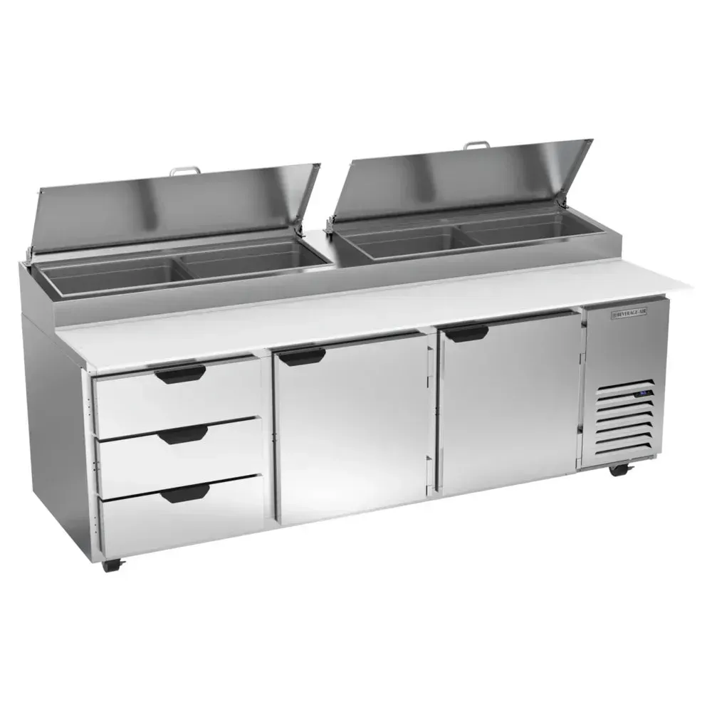 Pizza prep table from Beverage-Air with three stainless drawers and hydrocarbon refrigerant, designed for organized pizza station setups.