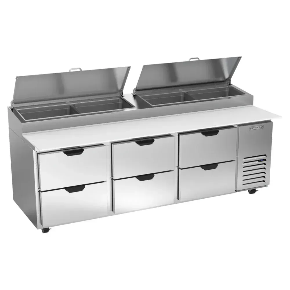 Stainless pizza prep table from Beverage-Air with six drawers and hydrocarbon cooling, built for high-volume commercial and restaurant kitchens.