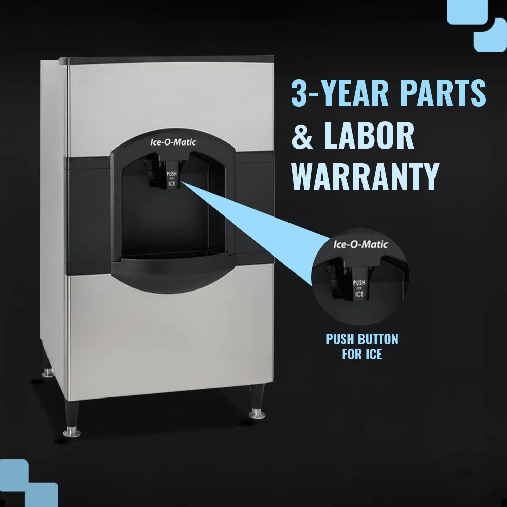 Ice-O-Matic floor model water cube ice dispenser with built-in storage, ideal for easy ice access in restaurants, bars, and cafes.