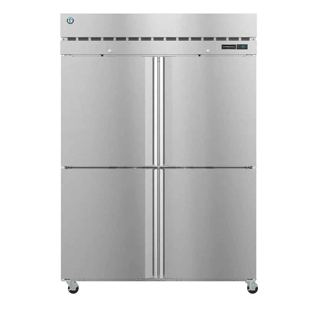 Dual section commercial freezer by Hoshizaki America with four solid stainless doors and a modern steelheart style in a well lit culinary workspace.