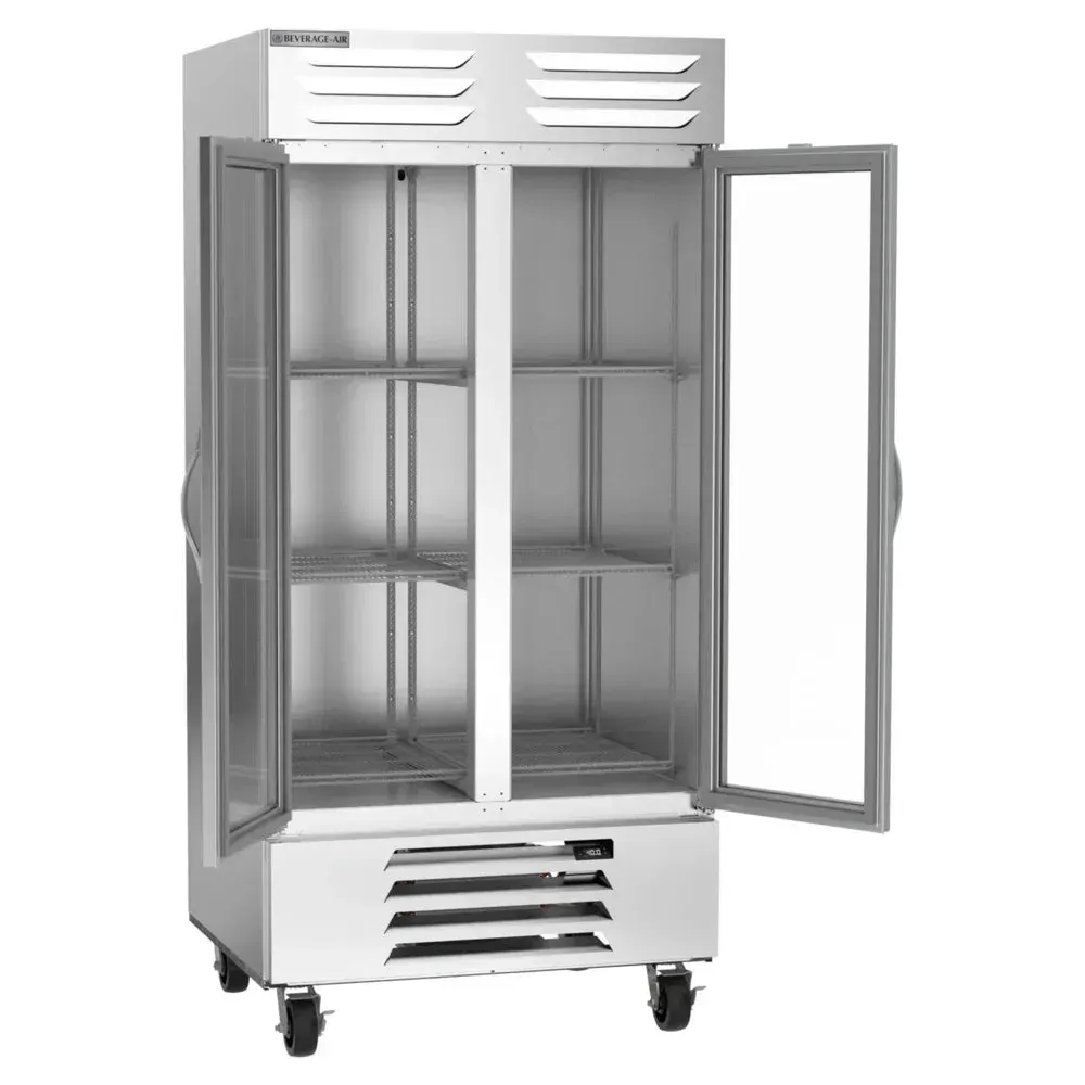 Beverage-Air two-section glass door reach-in freezer with compact design ensures product visibility and reliable freezing for food organization.