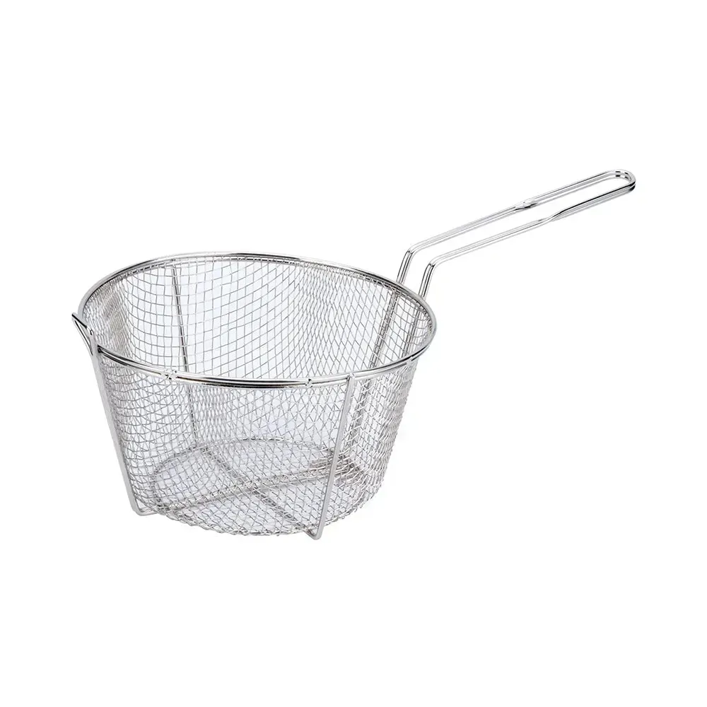 CAC China compact round nickel-plated fry basket with secure handle, suitable for tight storage spaces and quick frying tasks in any kitchen.