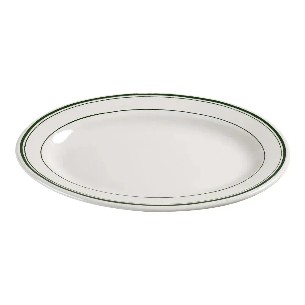 Yanco green band oval platter in chinaware, elegant and durable, perfect for serving main courses, appetizers, or sides in restaurants and cafes.