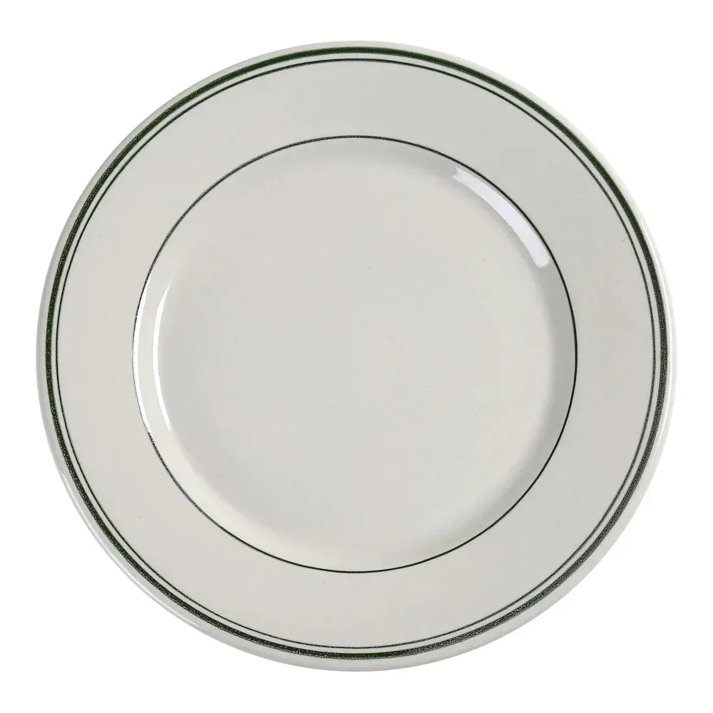 Yanco green band round plate in white ceramic, stylish and practical, perfect for serving main courses, sides, or appetizers in restaurants and cafes.