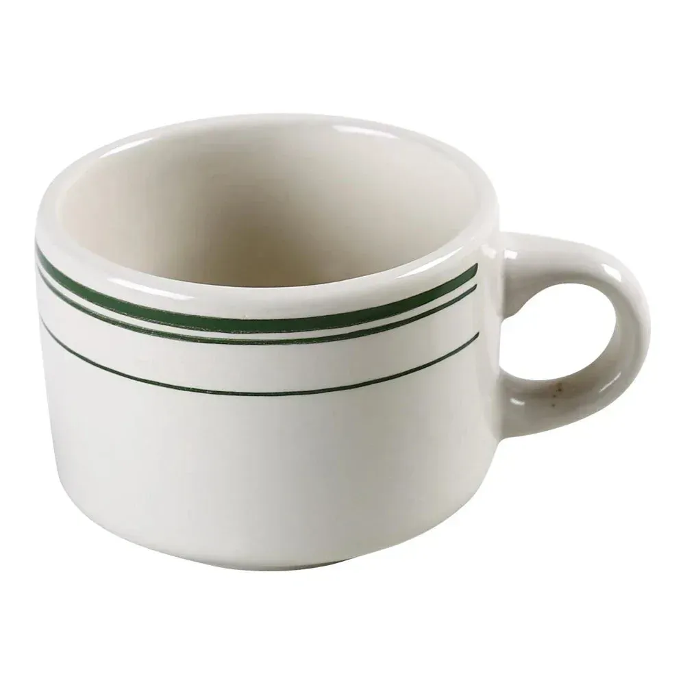 Yanco green band stackable coffee or tea cup in white ceramic, durable and versatile, ideal for beverages in restaurants and cafes.
