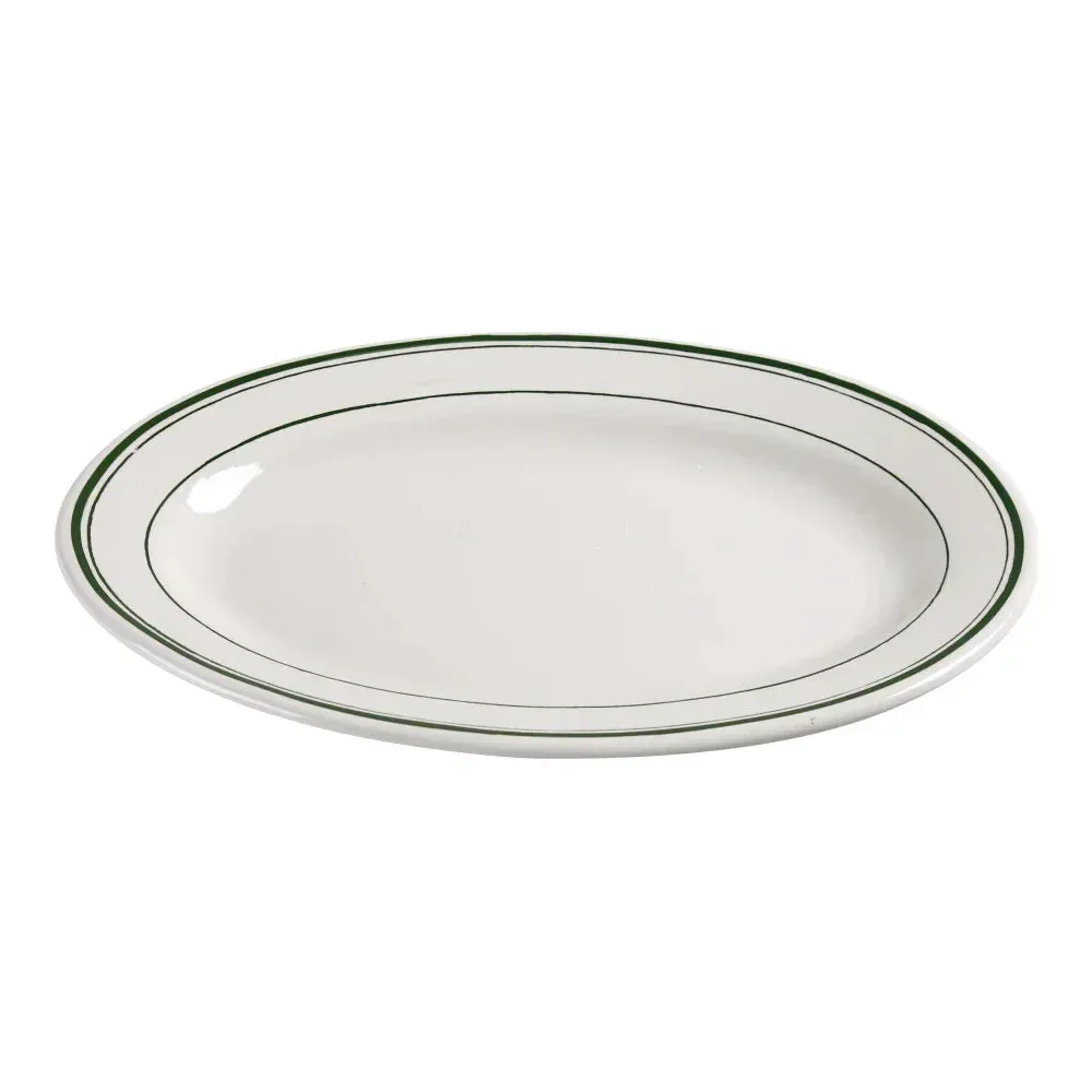Yanco green band oval platter in chinaware, durable and stylish, ideal for serving main courses, appetizers, or side dishes in restaurants and cafes.