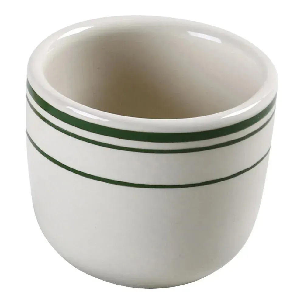 Yanco China green band Chinese tea cup, white ceramic with green rim, handleless design for tea service, tastings, or traditional settings.