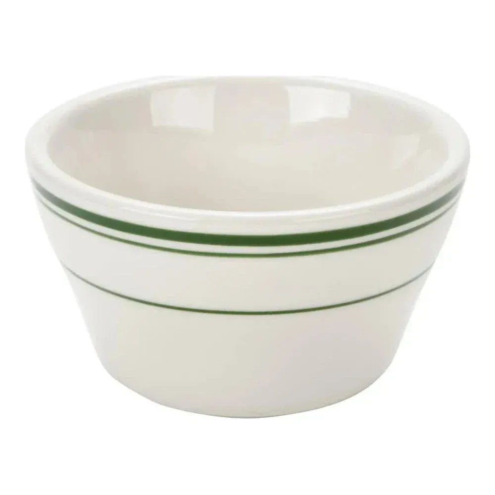 Yanco China green band bouillon bowl, white ceramic with green rim, shallow depth for soups or sides in hotels, banquets, or catered events.