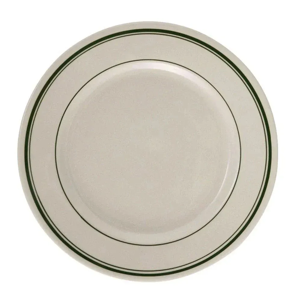 Yanco China green band round plate, elegant white ceramic with green rim, perfect for restaurants, banquets, and upscale catering service.