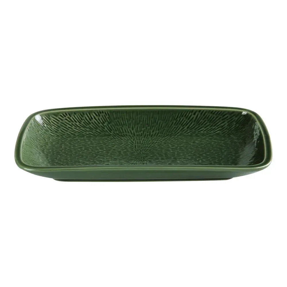 Yanco China green chinaware rectangular plate, durable reusable catering serveware, perfect for tapas and petite portioned food displays.
