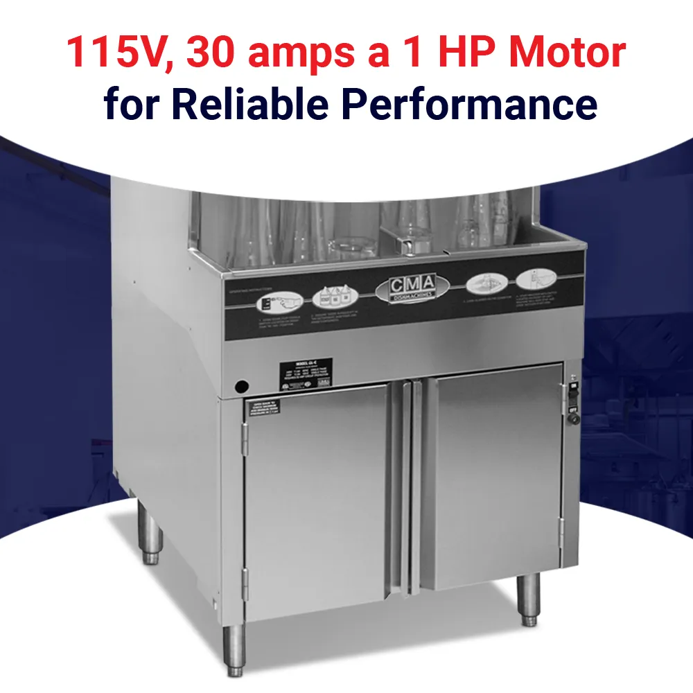 Low-temp chemical sanitizing CMA undercounter glasswasher with ScrapTrap removes debris and delivers spotless resultsideal for hotels and bars.