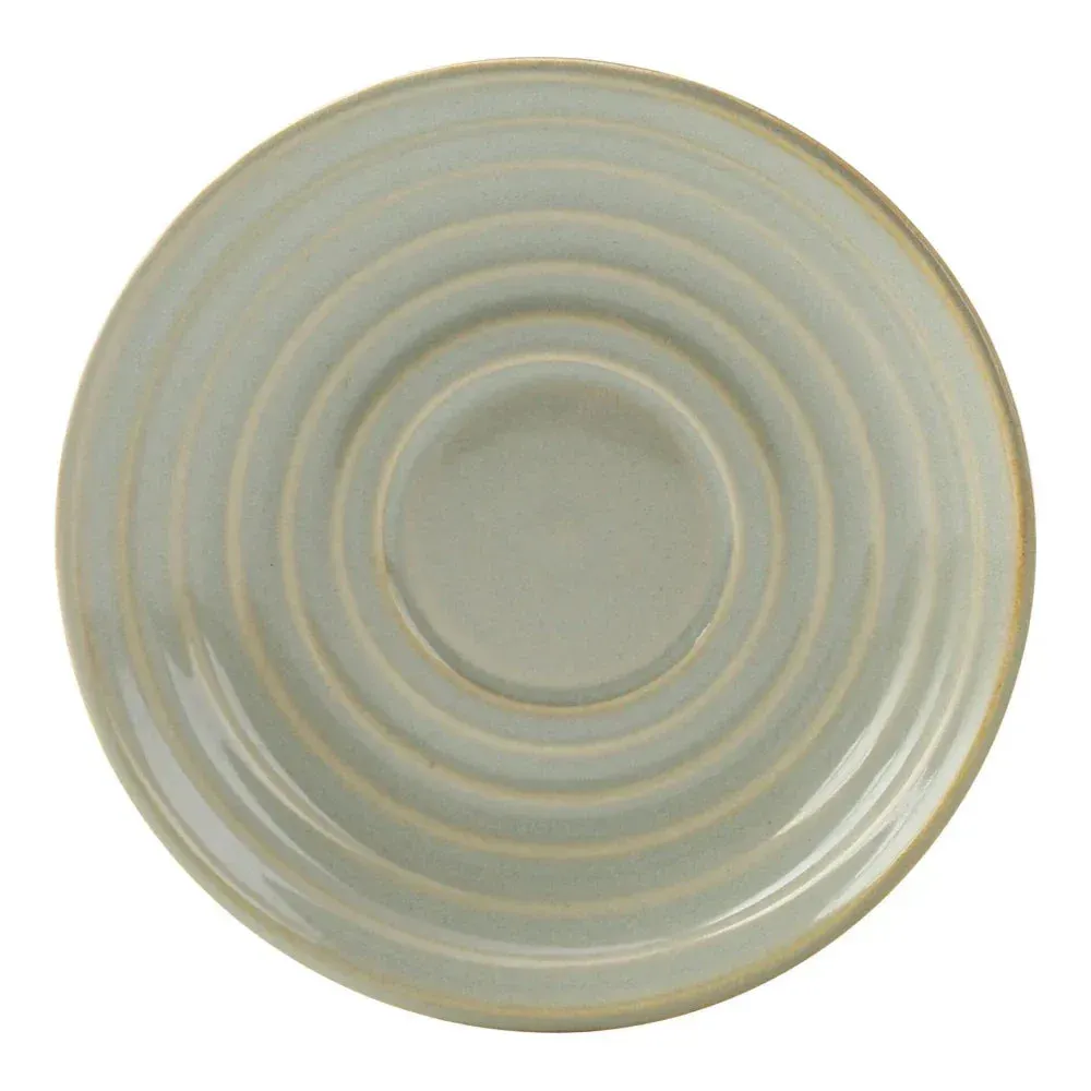 Five inch saucer from Yanco China, with a textured swirled design crafted to hold a matching cup for artisanal beverage service.