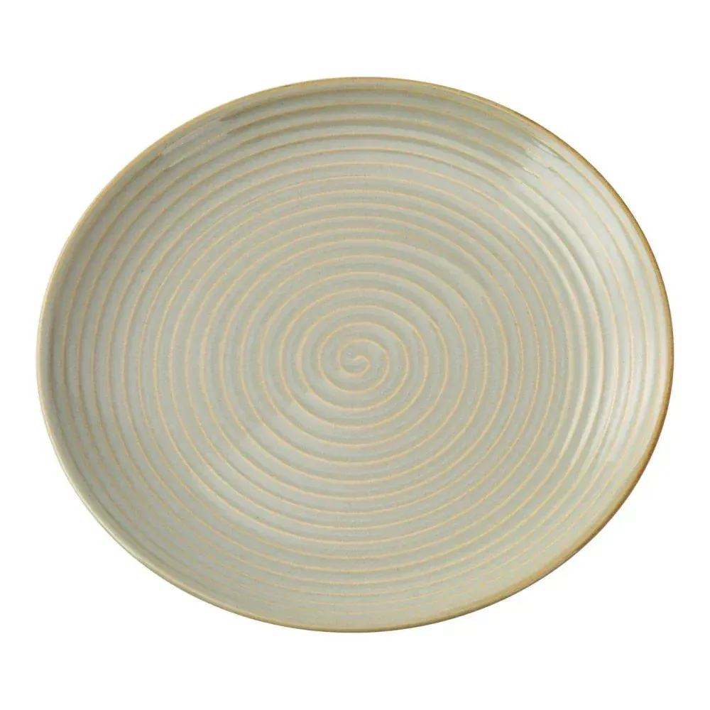 Large twelve inch round coupe plate from Yanco China, with a swirled texture for an artisanal backdrop to showcase main courses.