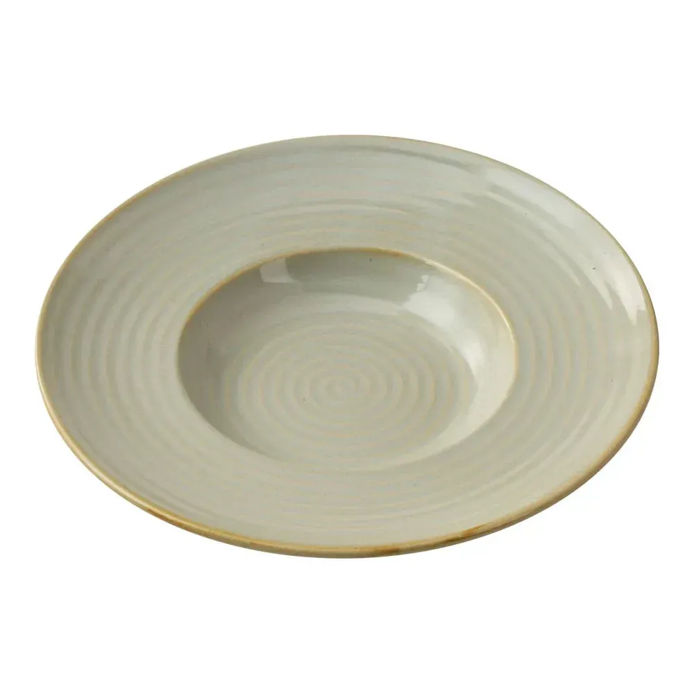 Yanco China 10 oz pasta bowl with wide textured rim, perfect for elegantly serving pasta, soups, or composed salads in style.