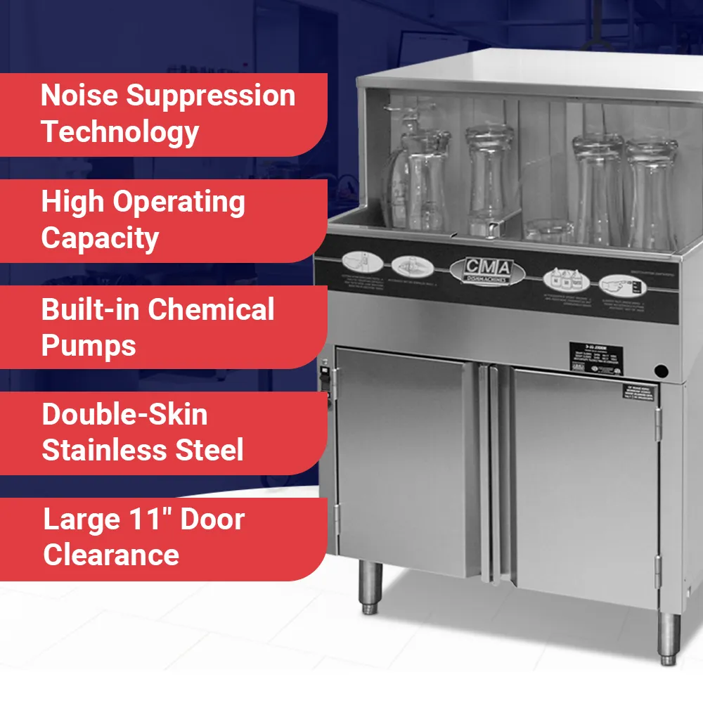 Low-temp chemical sanitizing CMA undercounter glasswasher with ScrapTrap for hotel barsquiet undercounter design ensures clean glassware and efficient workflow.