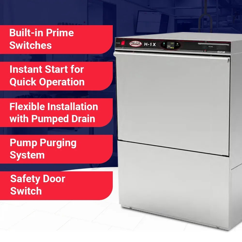 High-temp fill and dump CMA undercounter dishwasher with built-in dispenser, sanitizing cookware and utensils quickly for hotels, cafes, and caterers.