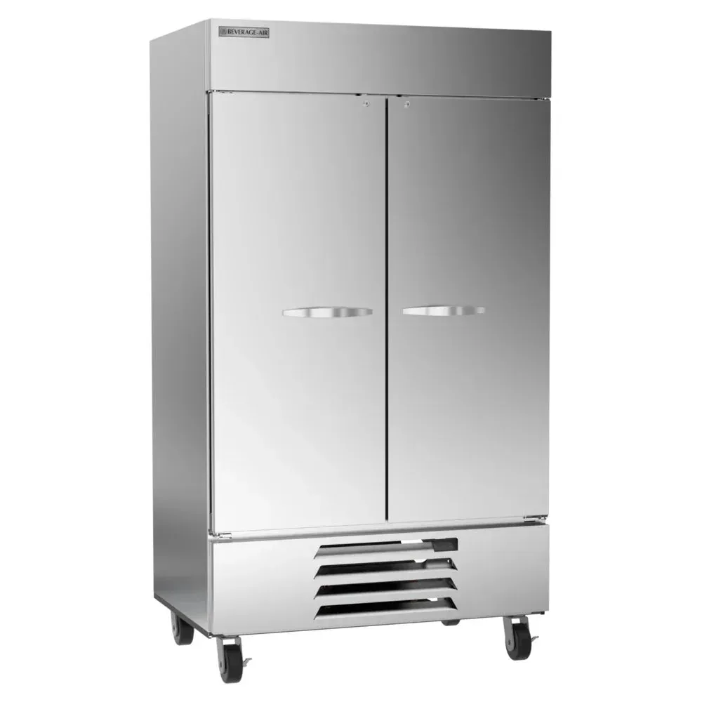 Beverage-Air two-section solid door reach-in freezer with LED lighting ensures efficient cold storage and organized workflow in commercial kitchens.